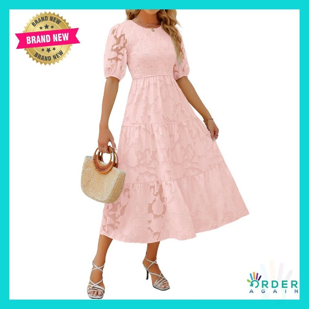 Floral Lace Maxi Dress Puff Sleeve Smocked Bodice Tiered Midi Elegant Summer